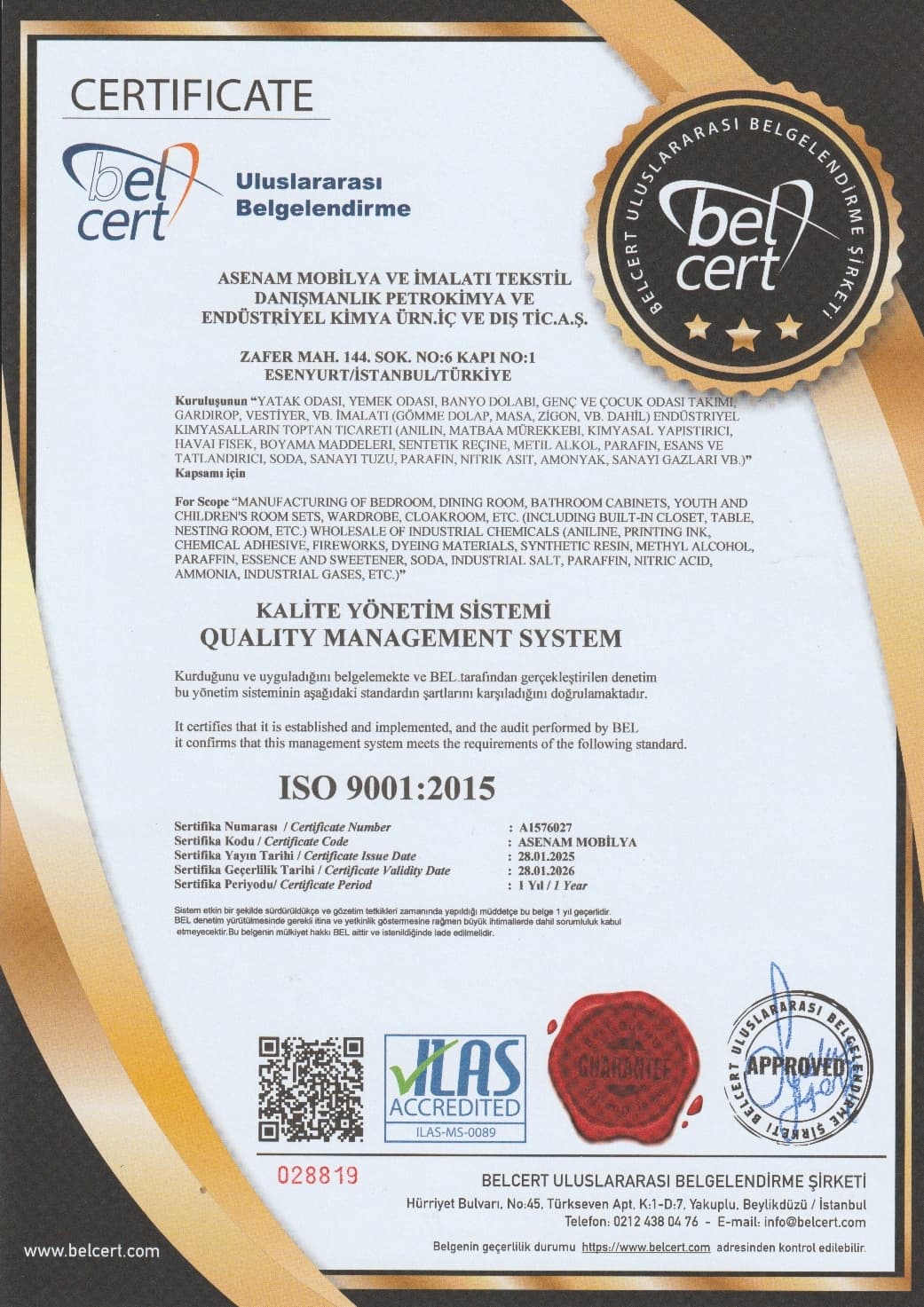 ISO 9001 : 2015 Standart Sertifikası
